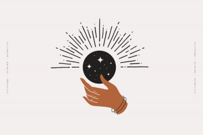 Poster  The woman's hand holds a shimmering moon. Magic vector illustration in trendy minimal style. Mystical symbols for spiritual practices, ethnic magic, and astrological rites.