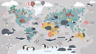 The world map with cartoon animals for kids, nature, discovery and continent name, ocean name, countries name. vector Illustration.