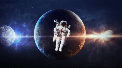 Poster  Thème de l'espace et de l'astronaute sur le fond des planètes