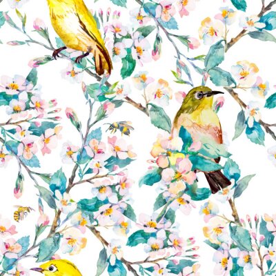 Poster  Thème de la nature au printemps avec des fleurs et des oiseaux sur des brindilles