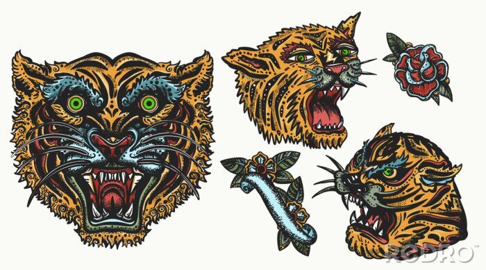 Poster  Tigers. Old school tattoo collection. Asian wild cats. Oriental style. Isolated elements. Traditional tattooing, japan style