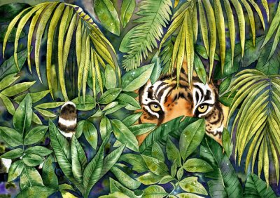 Poster  Tigre accroupi dans les fourrés verts