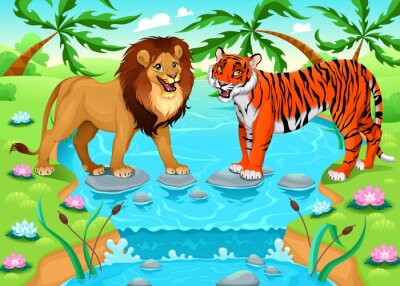 Poster  Tigre et lion dans la jungle