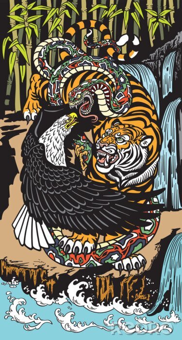 Poster  Tigre, serpent et aigle combattant des graphismes colorés