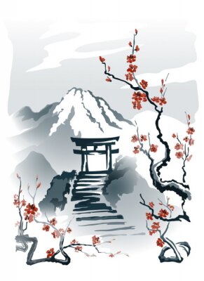 Poster  Torii sur un rocher motif dans le style japonais