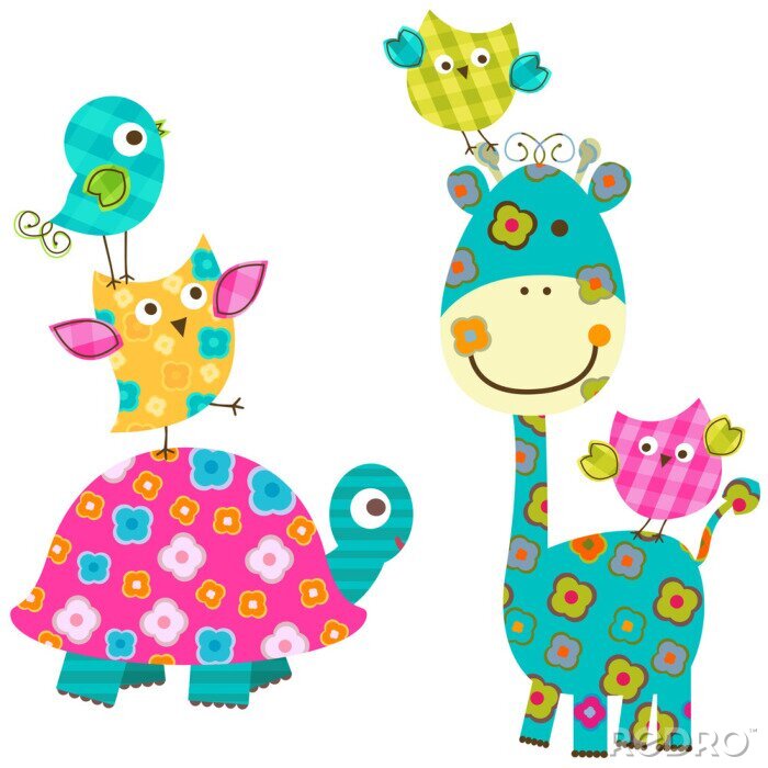 Poster  Tortue et girafe entourées d'oiseaux colorés