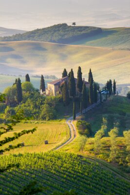 Toscane, Paysage et ferme dans les collines du Val d'Orcia