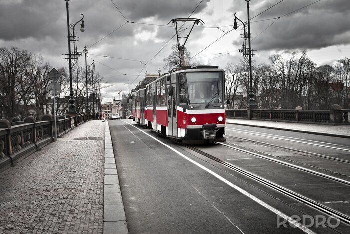 Poster  tram dans la ville de Prague