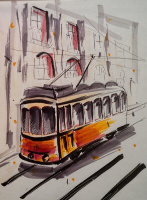Poster  Tramway jaune à l'aquarelle