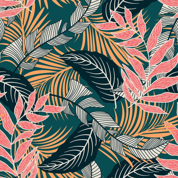 Poster  Trend seamless pattern with colorful tropical leaves and plants on green background. Vector design. Jungle print. Flowers background. Printing and textiles. Exotic tropics. Fresh design.