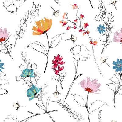 Trendy Summer lumineux jardin fleurissant contour et main peinture fleurs beaucoup genre de floral en illustration vectorielle motif sans soudure