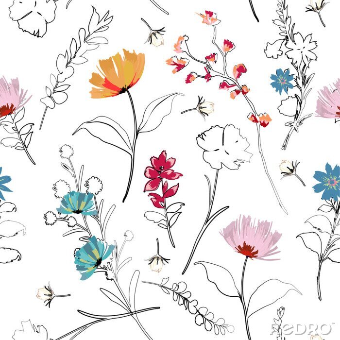 Poster  Trendy Summer lumineux jardin fleurissant contour et main peinture fleurs beaucoup genre de floral en illustration vectorielle motif sans soudure