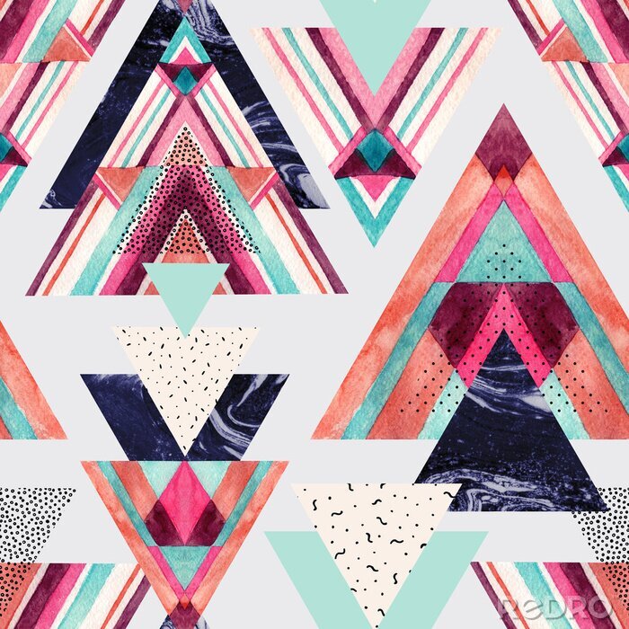 Poster  Triangles avec ornement aztèque, aquarelle, doodle, textures de marbre noir.