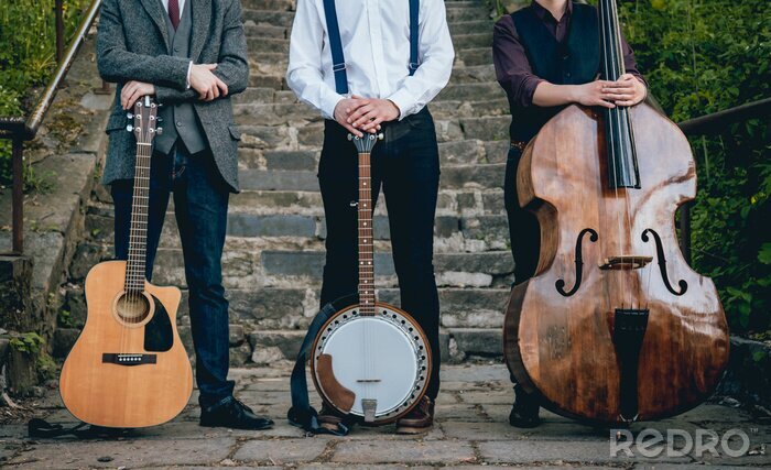 Poster  Trio de musiciens avec une guitare, banjo et contrebasse