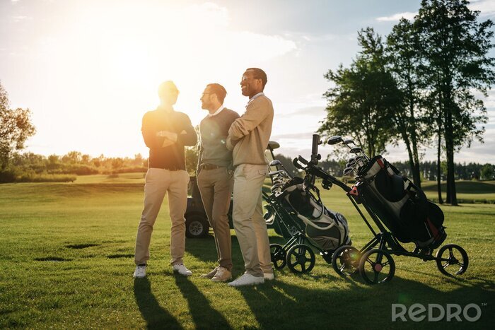 Poster  Trois hommes souriants debout avec les bras croisés près des clubs de golf dans les sacs