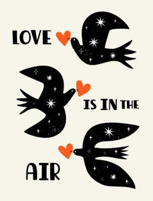 Poster  Trois oiseaux noirs avec des coeurs