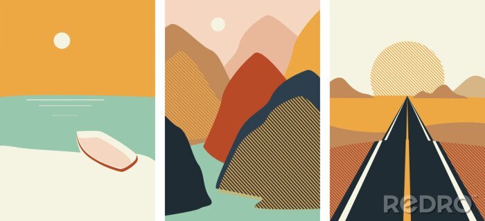Poster  Trois paysages et un soleil couchant