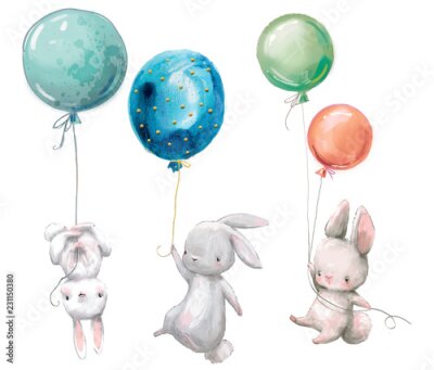 Poster  Trois petits lapins avec des ballons
