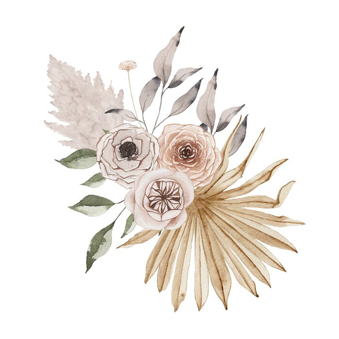 Poster  Trois roses et une feuille de palmier