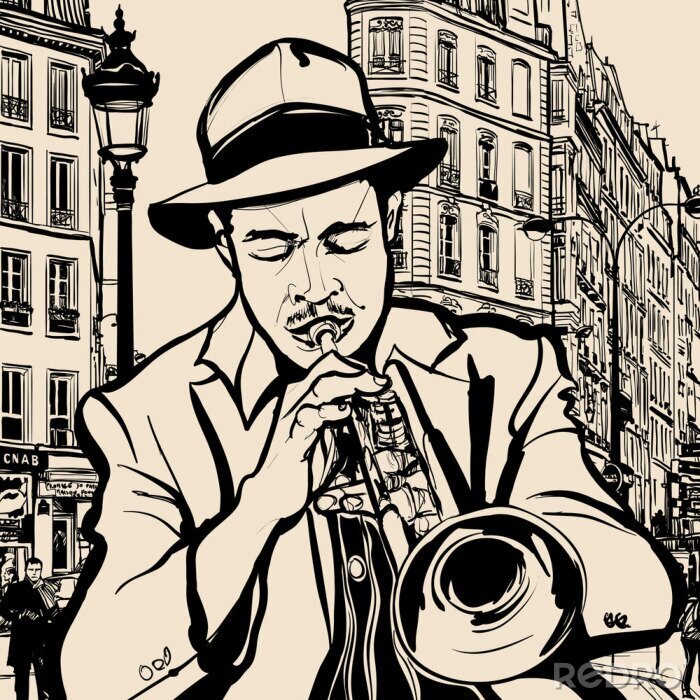 Poster  trompettiste sur un fond de paysage urbain