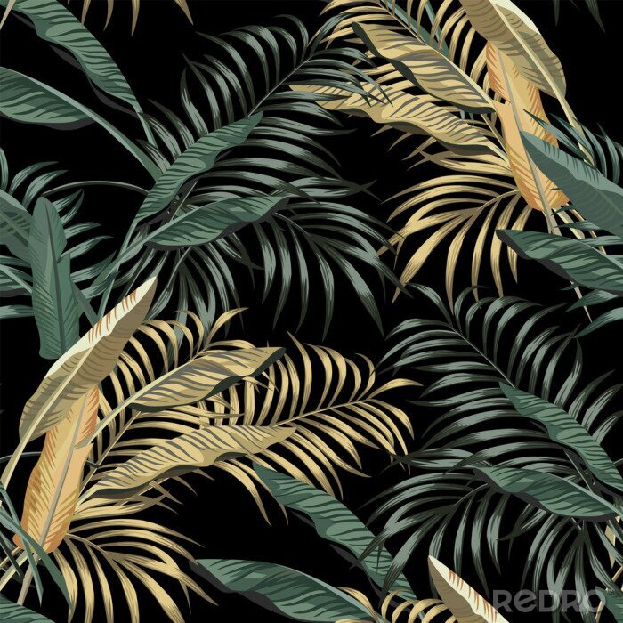 Poster  Tropical banana leaves seamless black background