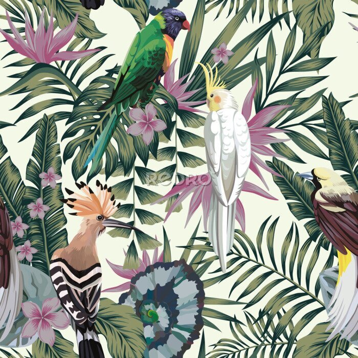 Poster  Tropical birds plants leaves flowers abstract color seamless background