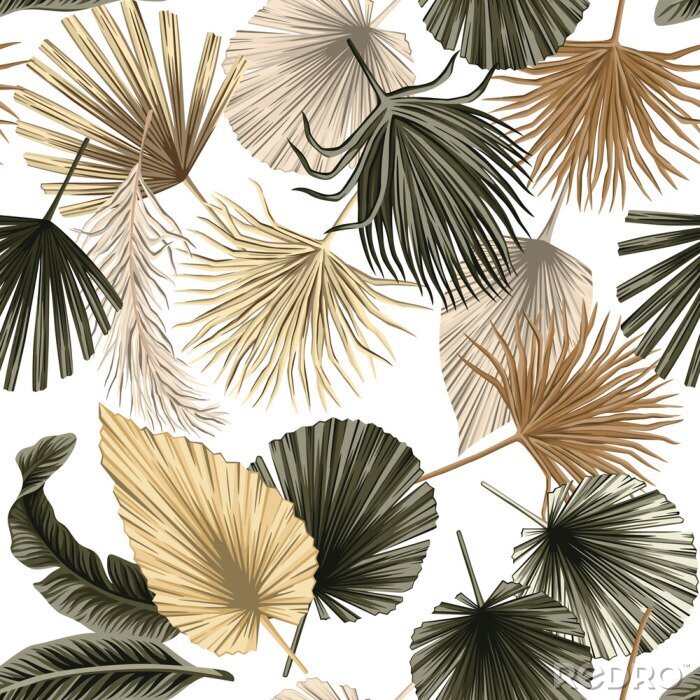 Poster  Tropical floral dried palm leaves seamless pattern white background. Exotic jungle wallpaper.