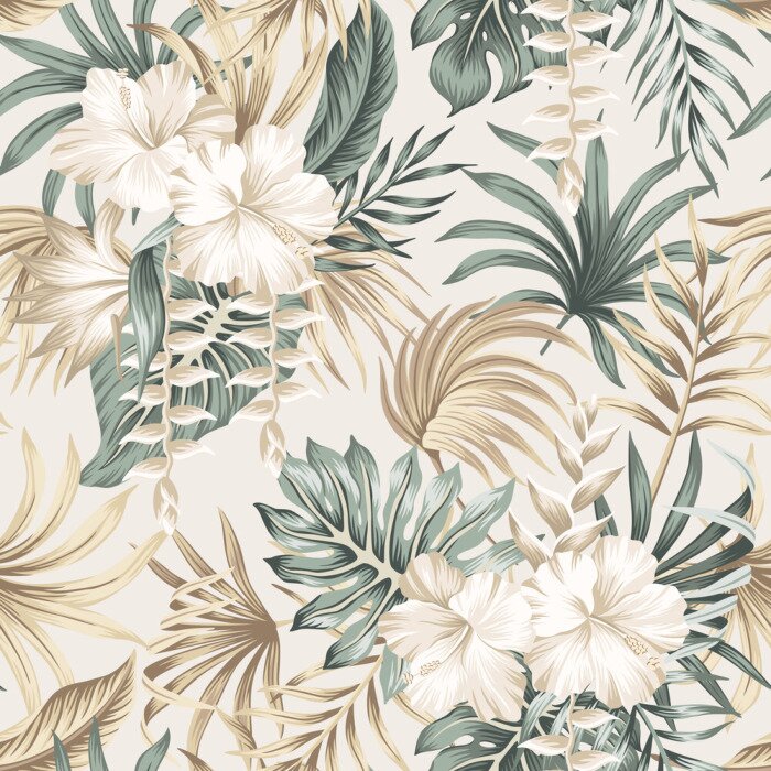 Poster  Tropical floral foliage palm leaves, hibiscus flower seamless pattern beige background. Exotic jungle wallpaper.