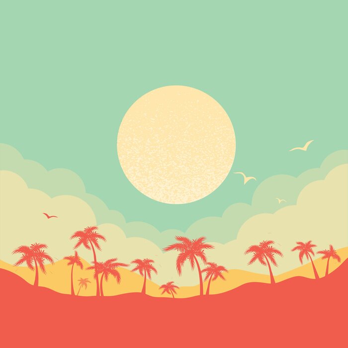 Poster  Tropical island paradise background with palms silhouette and sky