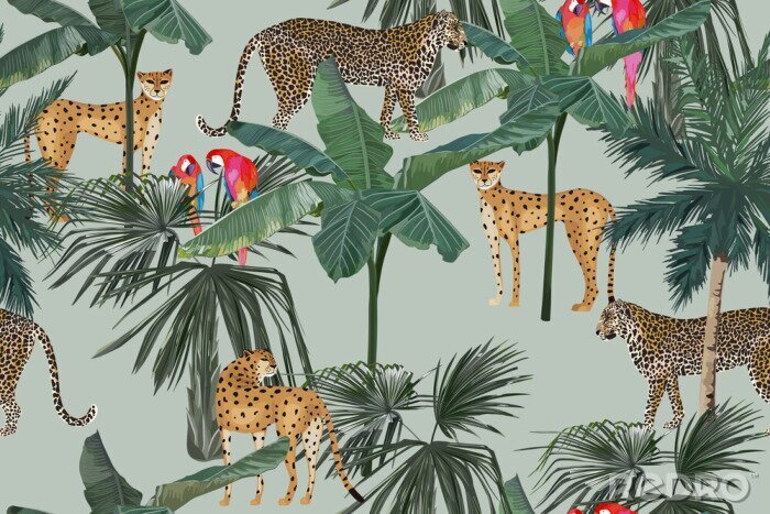 Poster  Tropical seamless pattern with palm trees, parrots and leopards. Summer jungle background. Vintage vector illustration. Rainforest landscape