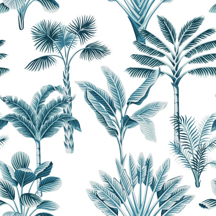 Poster  Tropical vintage blue palm trees, banana tree floral seamless pattern white background. Exotic jungle wallpaper.