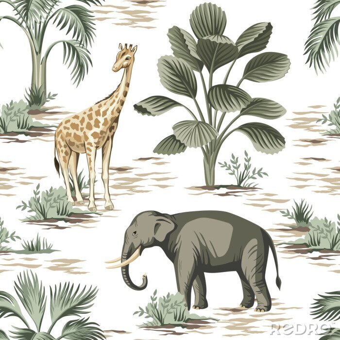 Poster  Tropical vintage elephant, giraffe wild animals, palm tree and plant floral seamless pattern white background. Exotic jungle safari wallpaper.