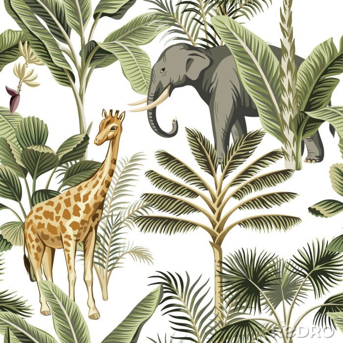 Poster  Tropical vintage elephant, giraffe wild animals, palm tree and plant floral seamless pattern white background. Exotic jungle safari wallpaper.
