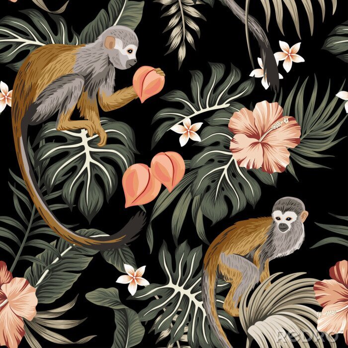 Poster  Tropical vintage monkey animal, hibiscus flower, peach fruit, palm leaves floral seamless pattern black background. Exotic jungle wallpaper.