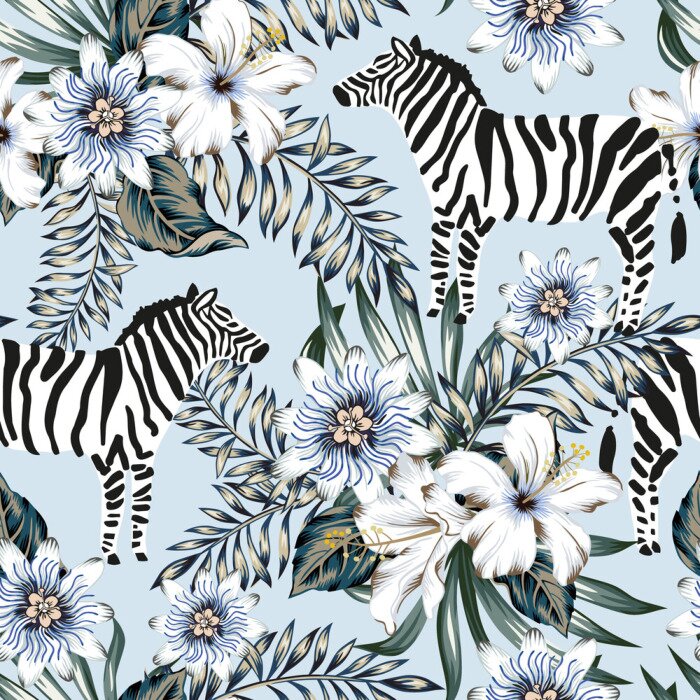 Poster  Tropical zebra, palm leaves, hibiscus, passion flowers bouquets, light blue background. Vector seamless pattern. Graphic illustration. Exotic jungle. Summer beach floral design. Paradise nature