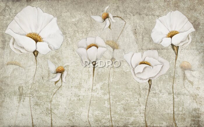 Poster  Tulipes blanches 3D sur fond en béton