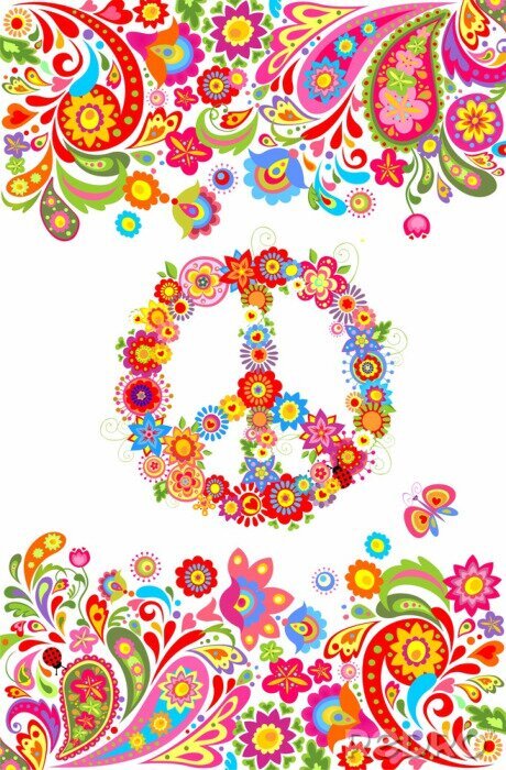 Poster  Tulipes hippies et fleurs formant un signe de paix