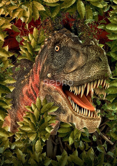 Poster  Tyrannosaure au milieu de feuilles vertes