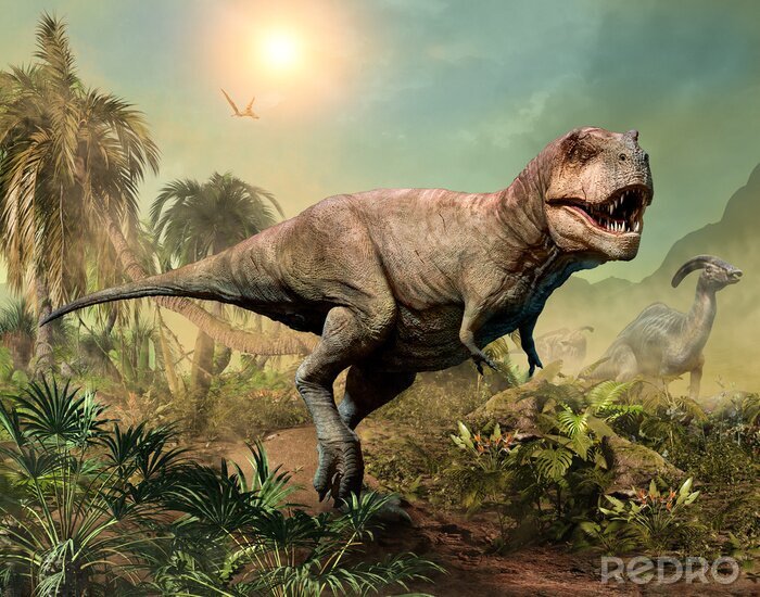 Poster  Tyrannosaure Rex et végétation tropicale en arrière-plan