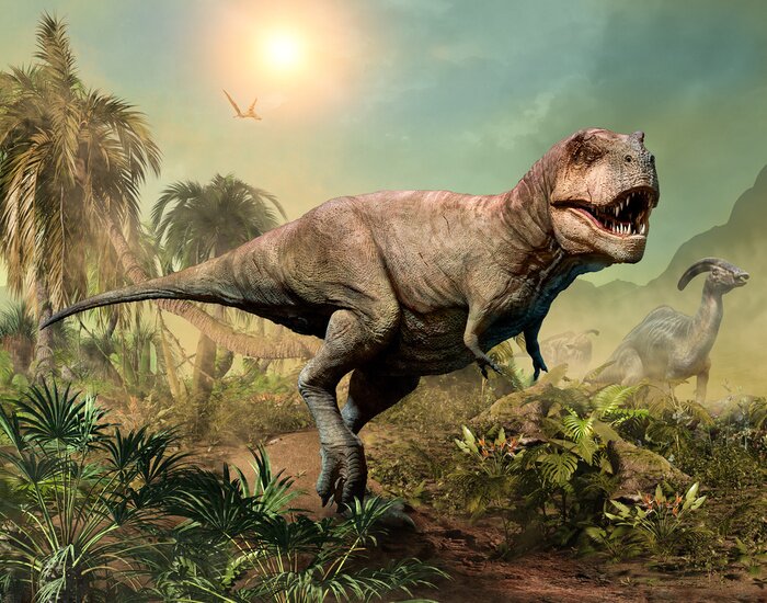 Poster  Tyrannosaure Rex et végétation tropicale en arrière-plan