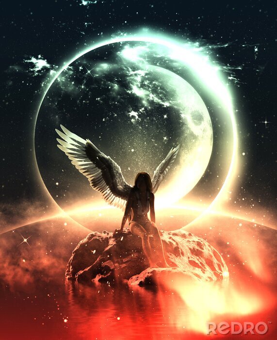 Poster  Un ange sur une pierre et un paysage cosmique