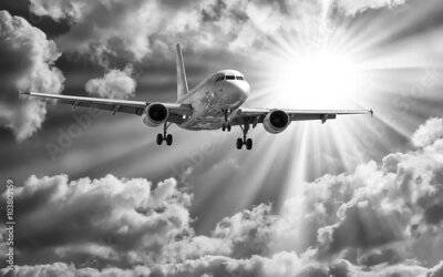 Poster  Un avion se détachant sur un ciel ensoleillé en noir et blanc