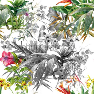 Poster  Un bouquet de palmiers et de fleurs en couleur et gris
