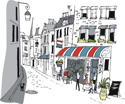 Poster  Un café parisien de dessin animé avec un auvent coloré