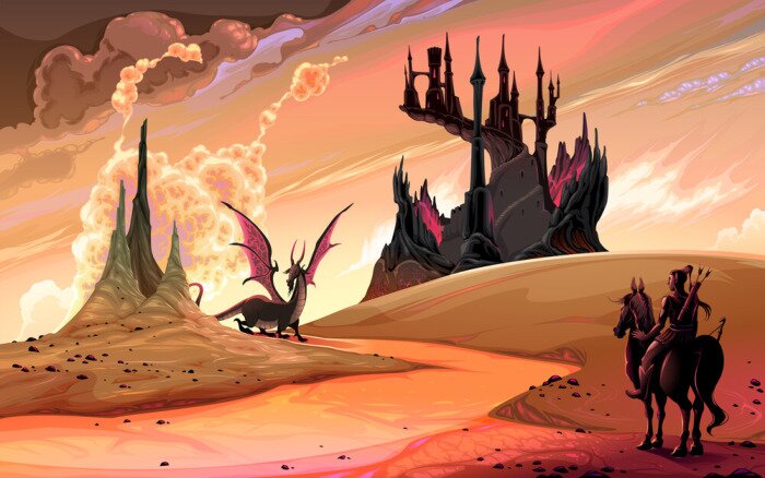 Poster  Un cavalier regardant un dragon et un château sombre