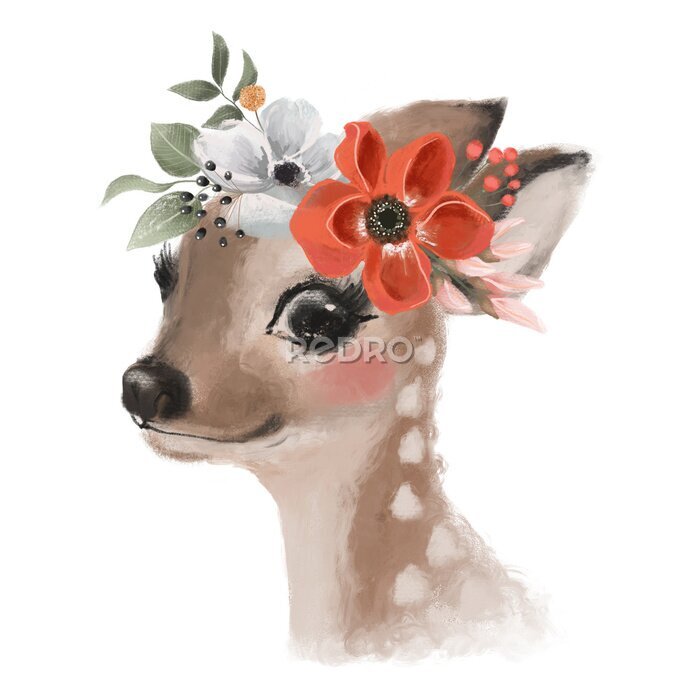 Poster  Un cerf avec des fleurs sur la tête