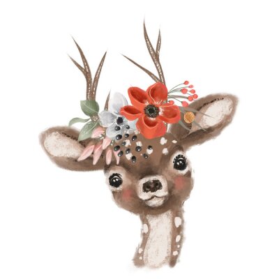 Poster  Un charmant portrait d'un cerf avec des fleurs sur la tête