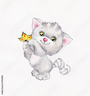 Poster  Un chaton gris et un papillon jaune dans le style d'un dessin d'enfant