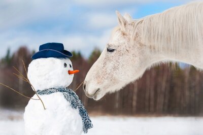 Un cheval avec un bonhomme de neige en hiver