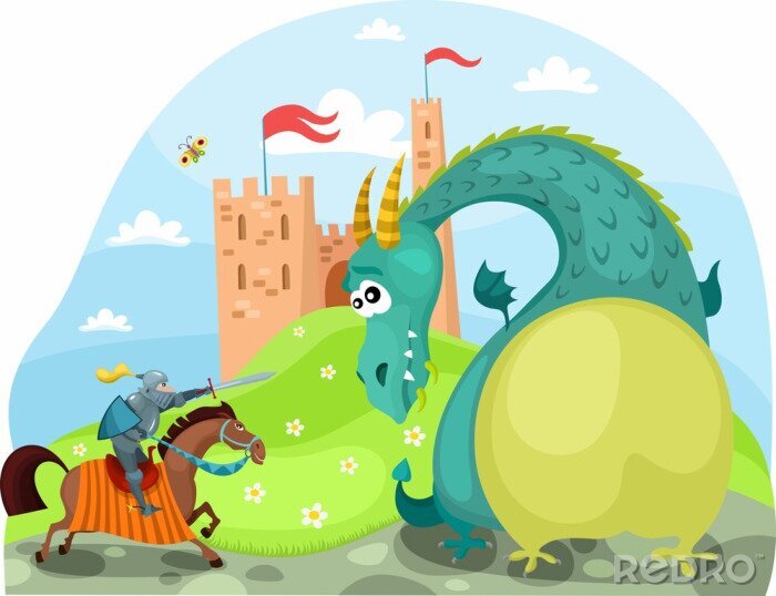 Poster  Un chevalier avançant sur une illustration de conte de fées de dragon
